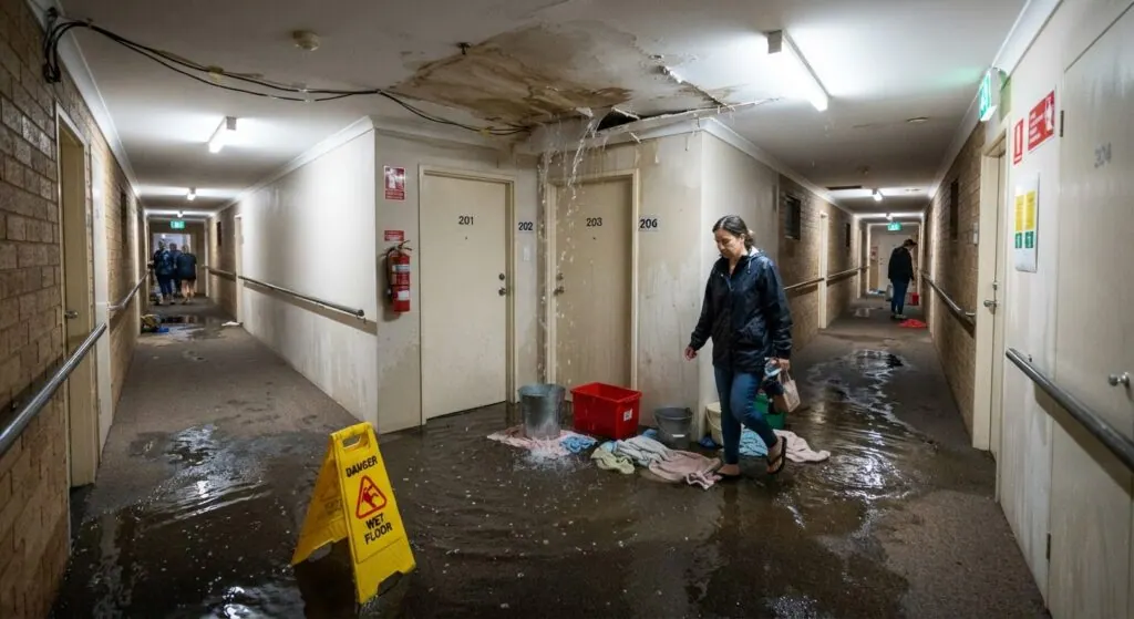 Storm damage to a Perth strata building, including roof leaks and flooded common area corridor