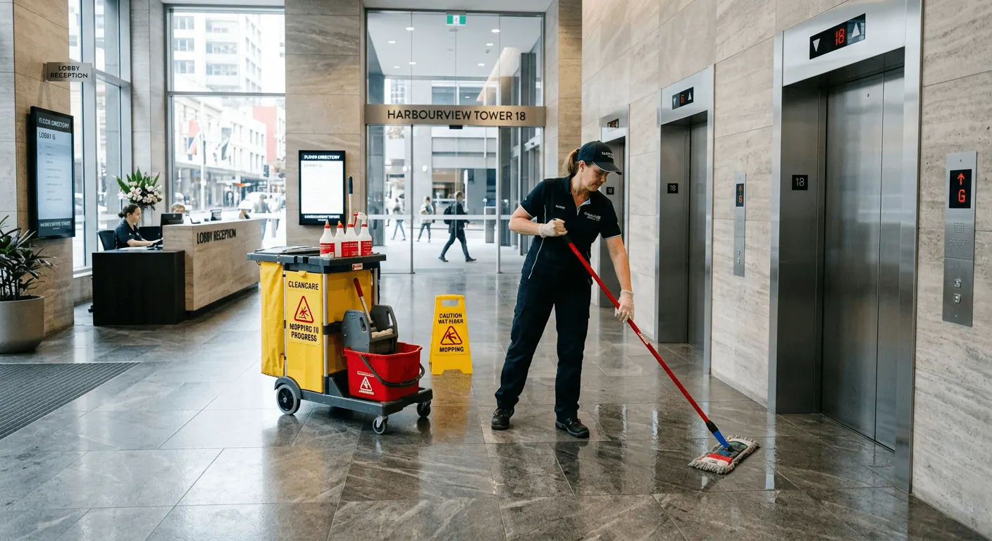 Cleaner mopping a strata building lift lobby floor