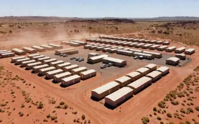 Aerial view of remote FIFO mining camp accommodation village in Western Australia Aerial view of remote FIFO mining camp accommodation village in Western Australia