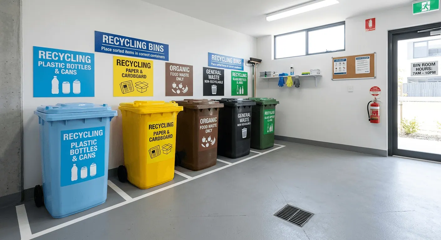 Clean, organised bin room with clearly labelled waste and recycling bins