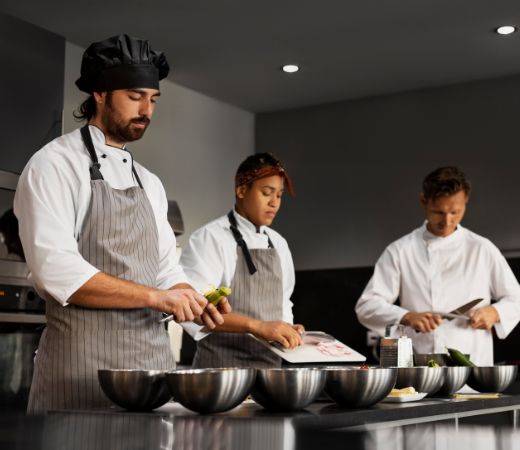 Kitchen staff preparing bulk meals for a large scale catering order