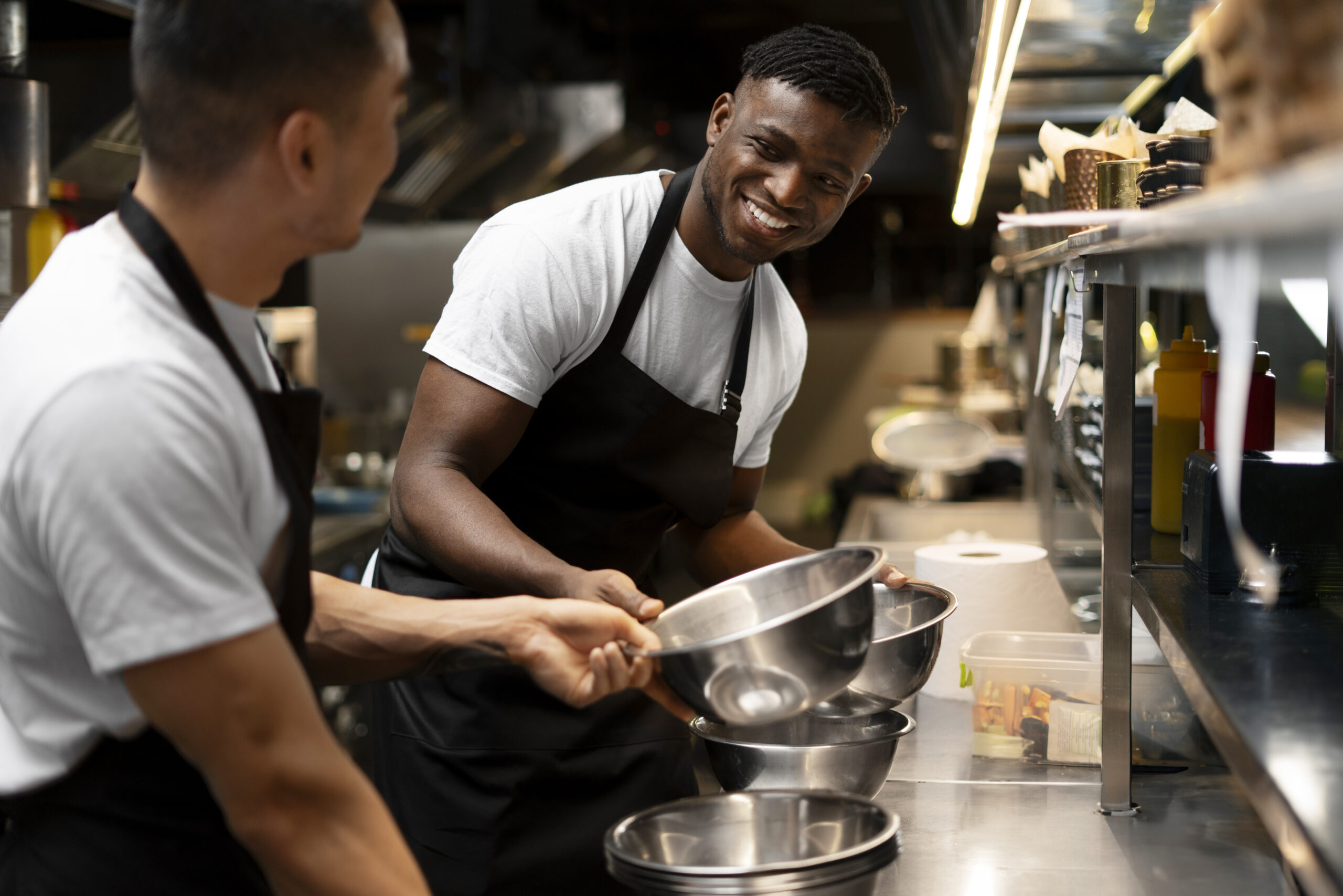 Chef following food safety procedures in a commercial kitchen