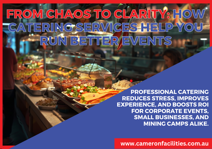 Professionals chatting around a buffet table at a corporate event, with platters of food and drinks in the foreground.