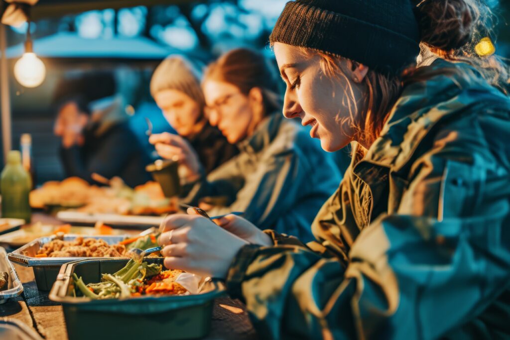 Mining workers in high-visibility clothing eating a hot meal together in a remote camp dining hall.