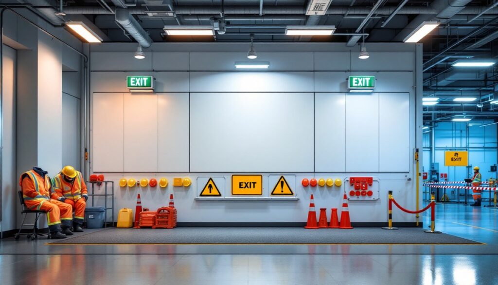 Safety compliance signage and PPE station at a Cameron Facilities mining camp