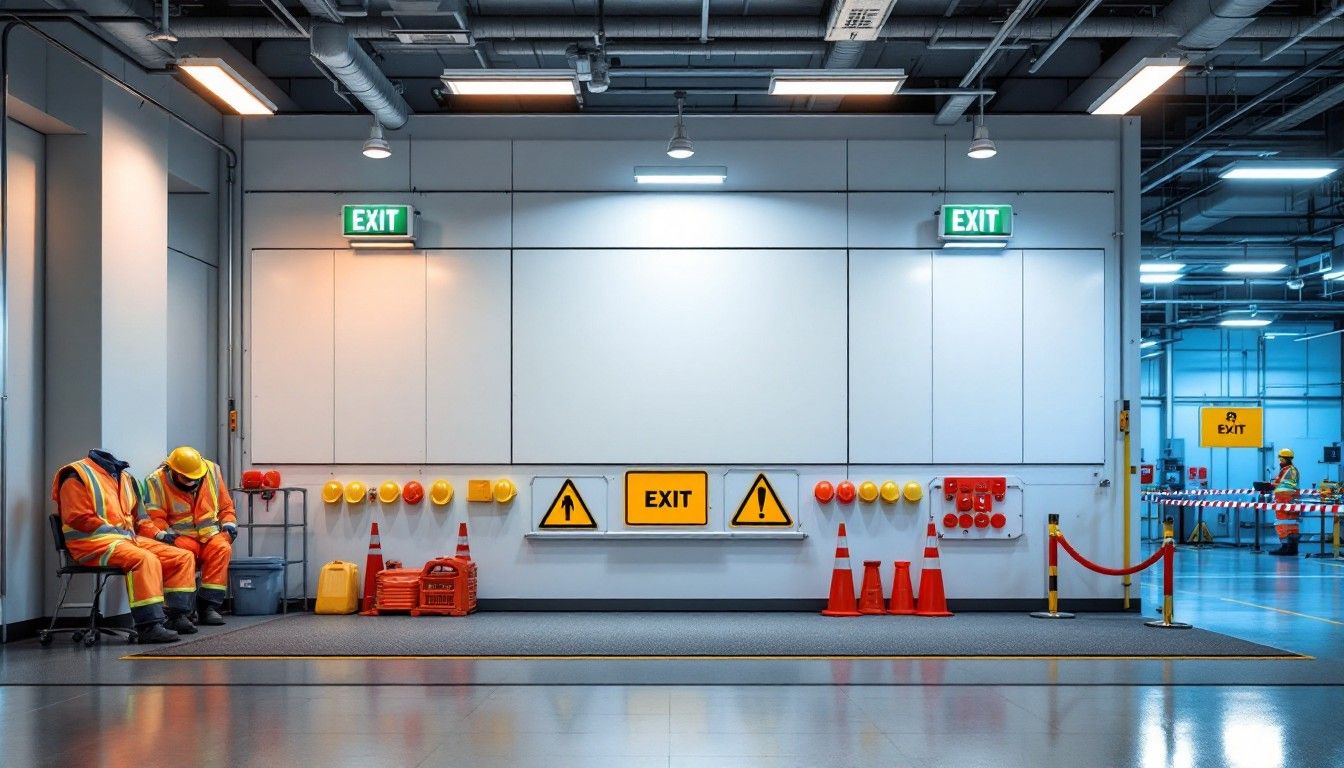 Safety compliance signage and PPE station at a Cameron Facilities mining camp