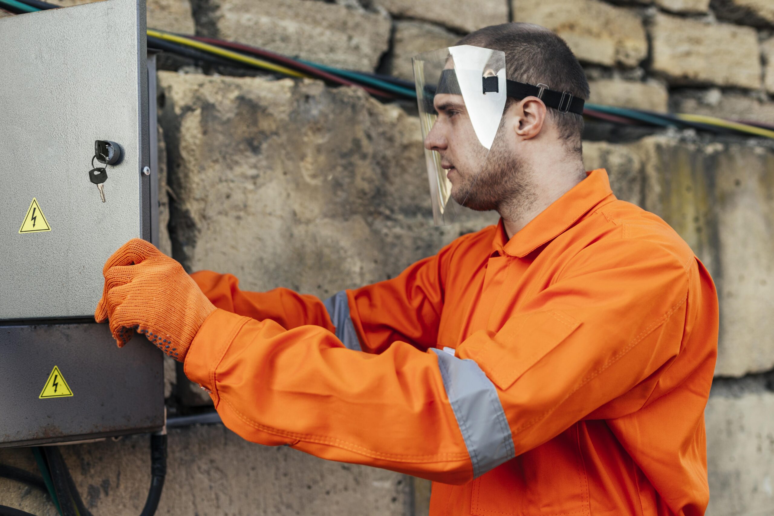 Electrician in protective uniform and face shield carrying out electrical maintenance