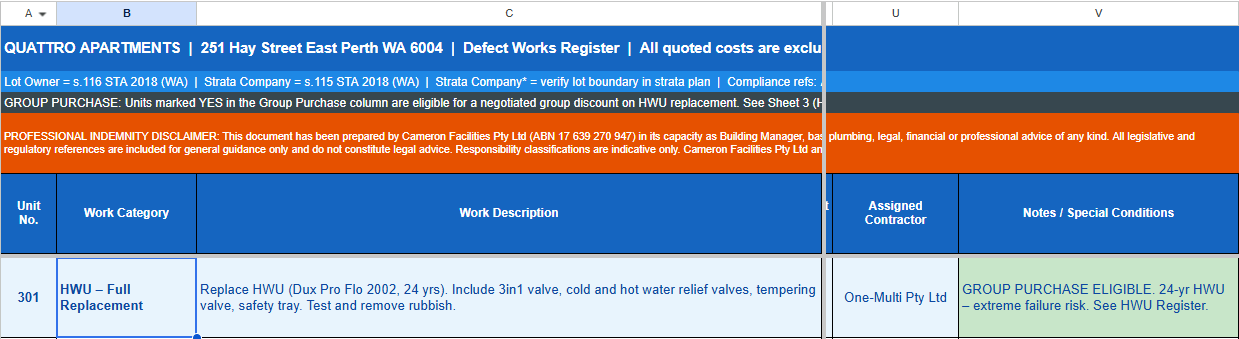 hwu Group purchase opportunity analysis table for strata hot water unit replacement showing individual unit cost of $3,000 plus GST and projected group discount savings between $4,500 and $6,000 plus GST across 10 eligible apartments.