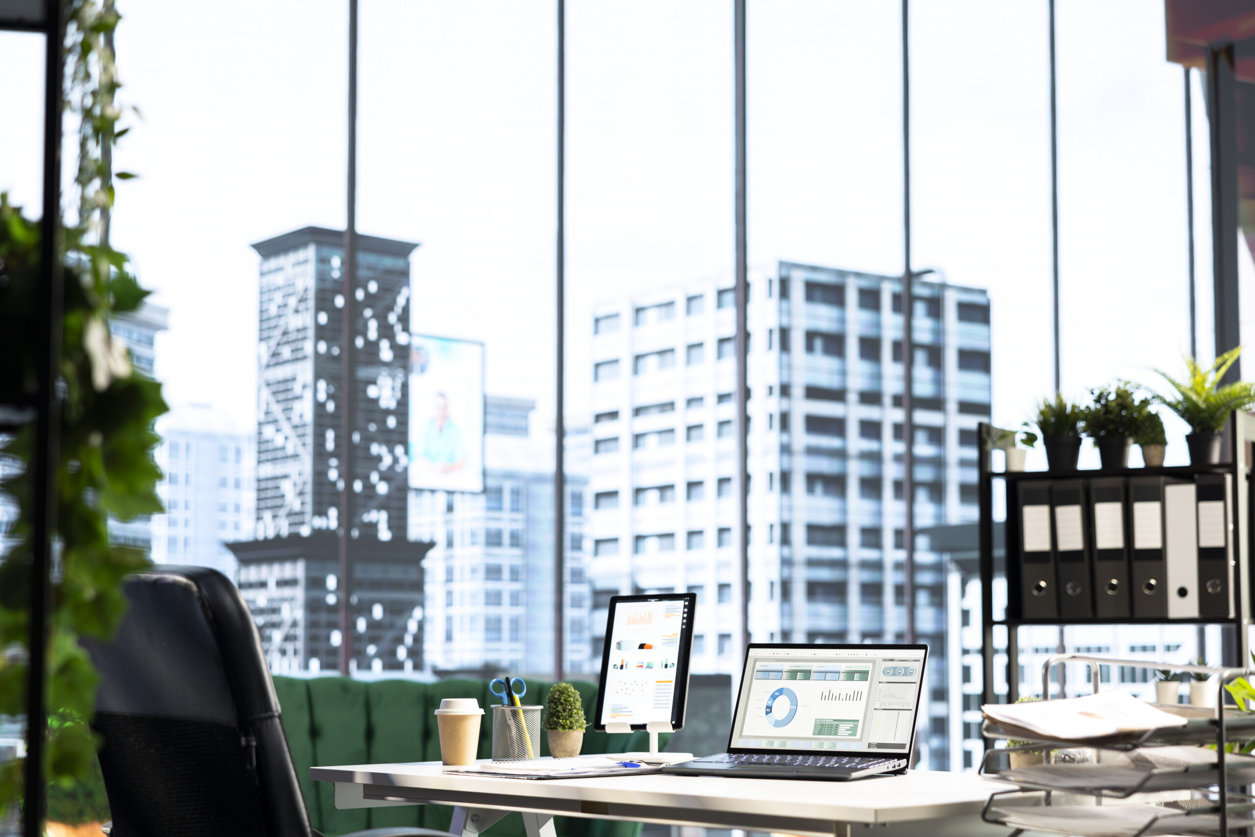 Smart building management dashboard overlay on modern Perth commercial office interior, 2026.