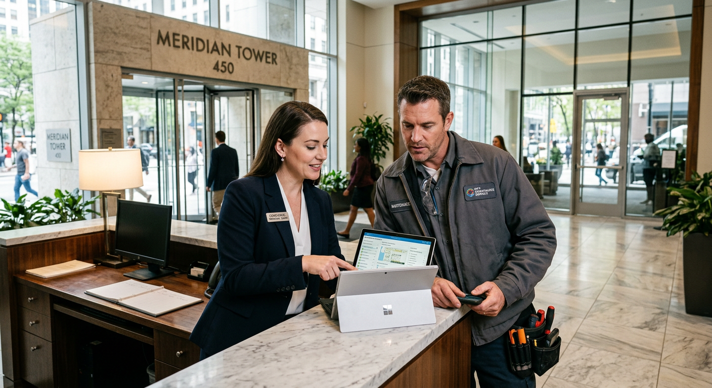 Concierge coordinating with a maintenance contractor at a building entrance after hours