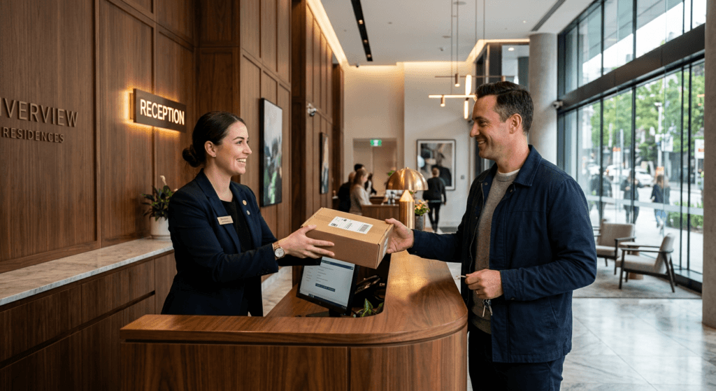 Concierge staff assisting a resident with parcel collection in a Perth building
