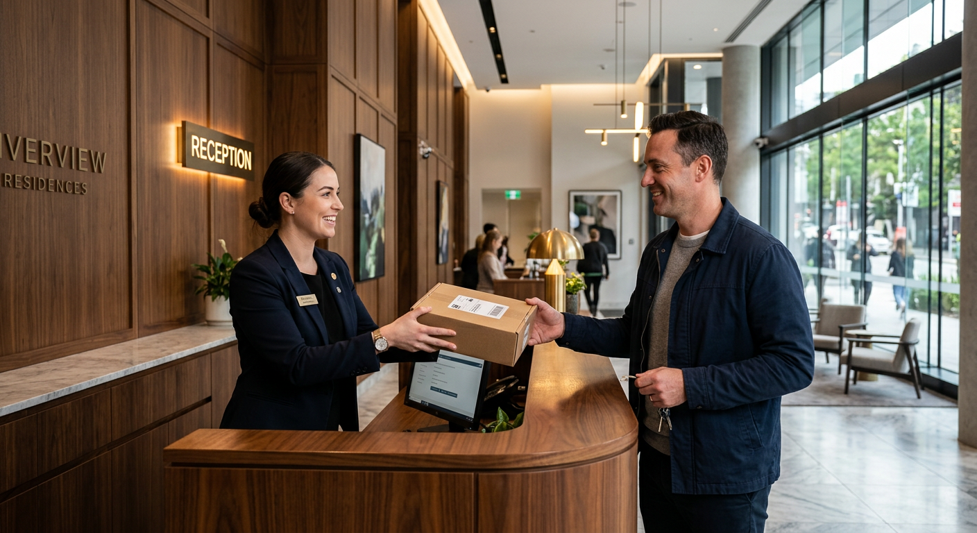 Concierge staff assisting a resident with parcel collection in a Perth building