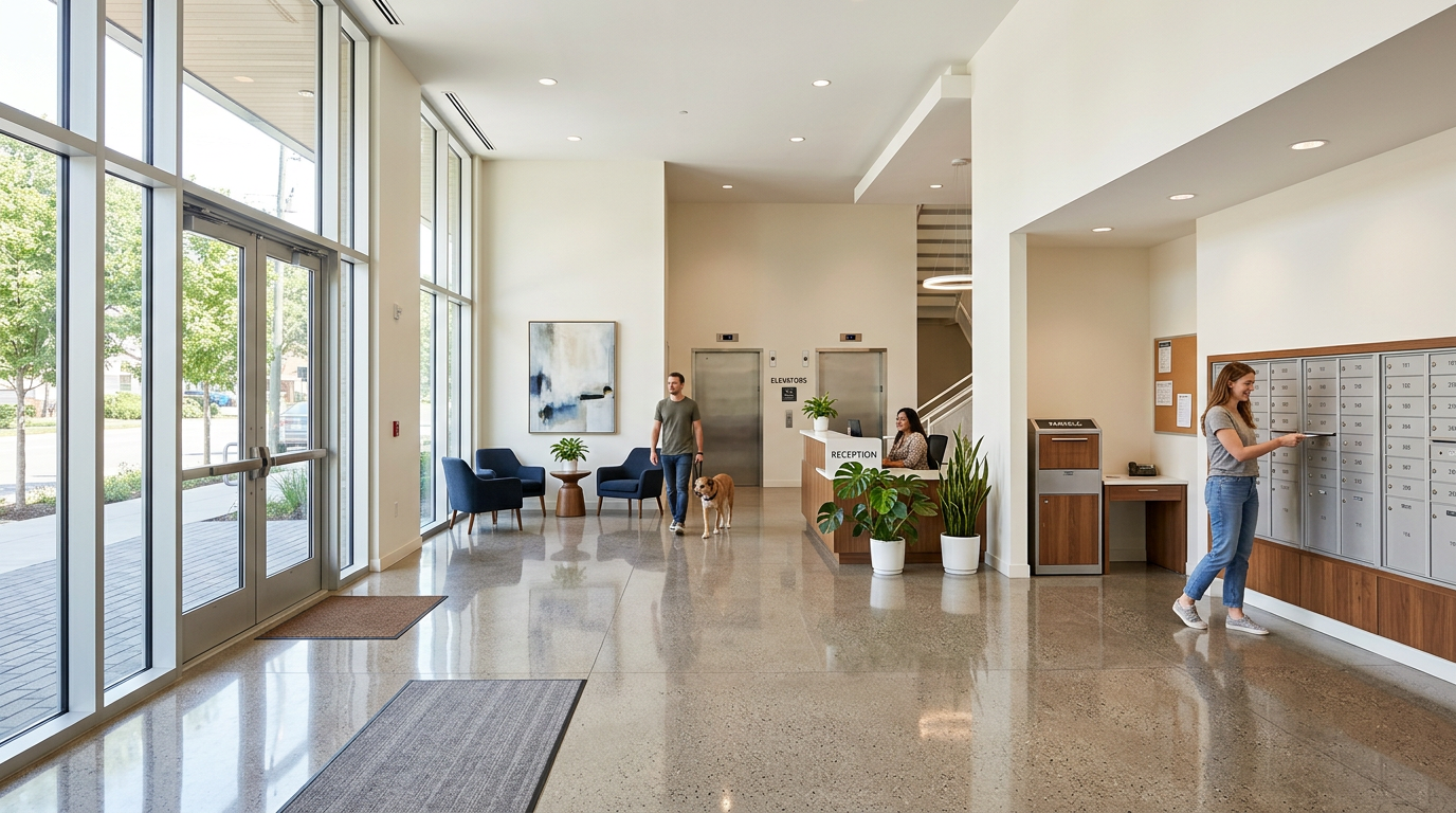 Bright, clean apartment building lobby with polished floors and tidy common areas