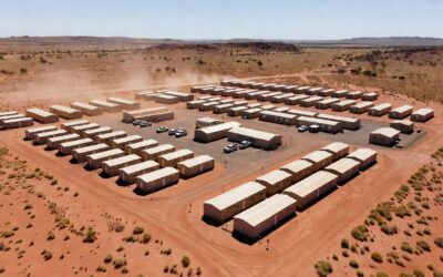 Aerial view of remote FIFO mining camp accommodation village in Western Australia Aerial view of remote FIFO mining camp accommodation village in Western Australia