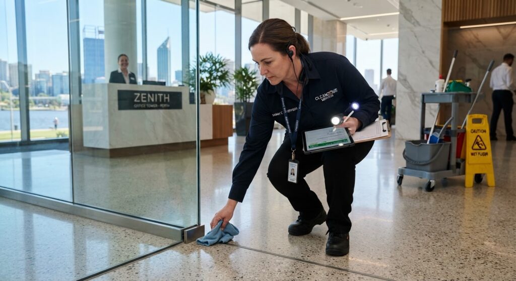 Cleaning supervisor conducting quality audit inspection in Perth commercial building