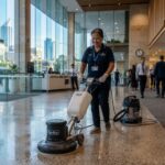 Commercial cleaner in Perth CBD office foyer performing floor maintenance