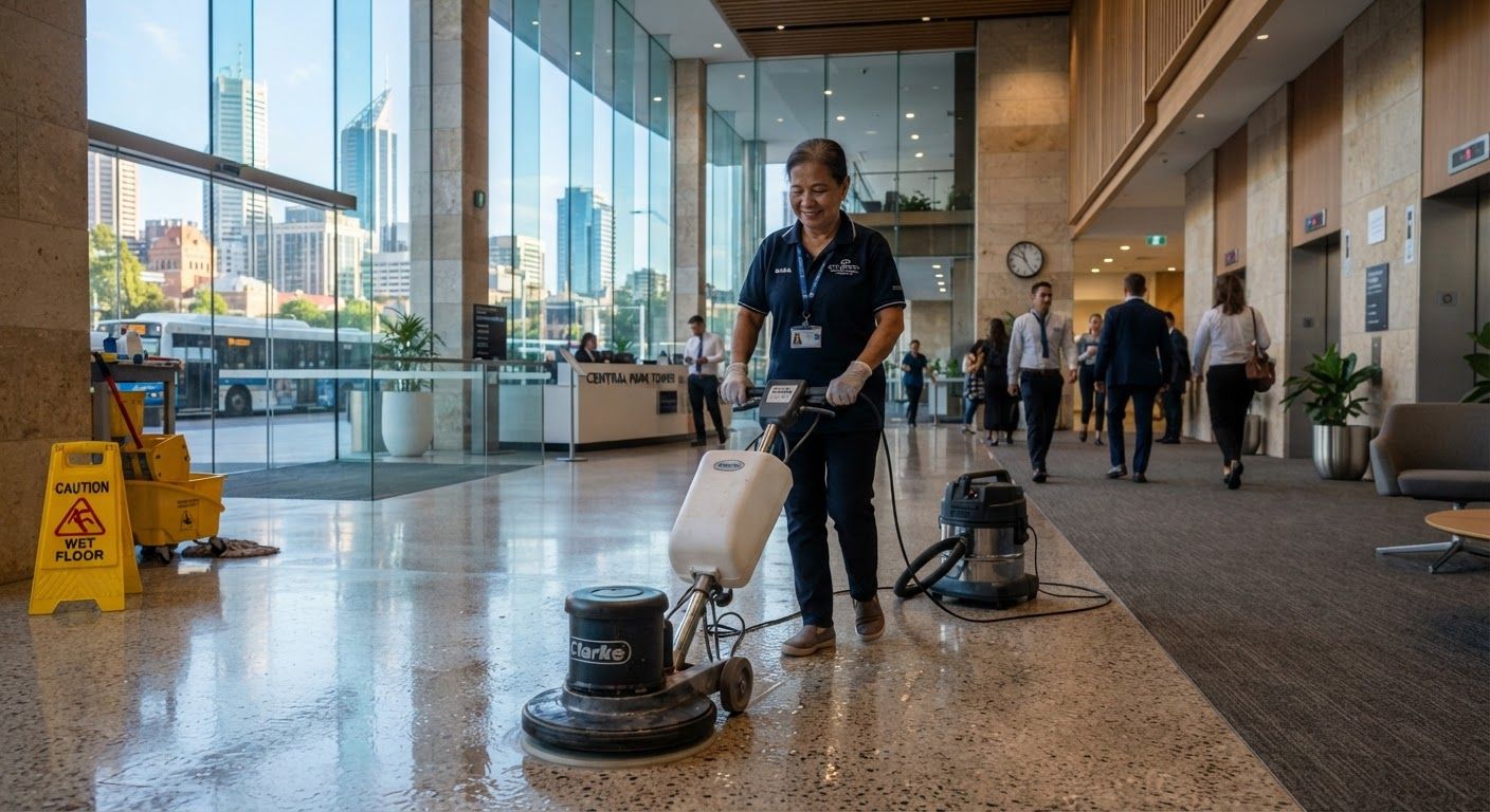Commercial cleaner performing floor maintenance in a Perth office foyer