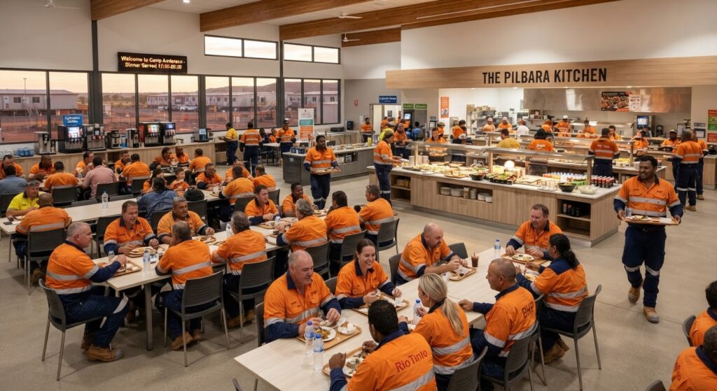 FIFO workers in the dining area of a well-managed mining camp in Western Australia