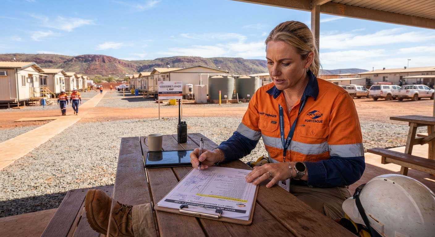 Mining camp manager reviewing compliance checklist at remote WA camp site