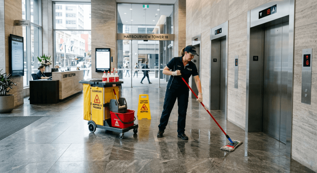 Professional cleaner servicing a lift lobby in a Perth strata building