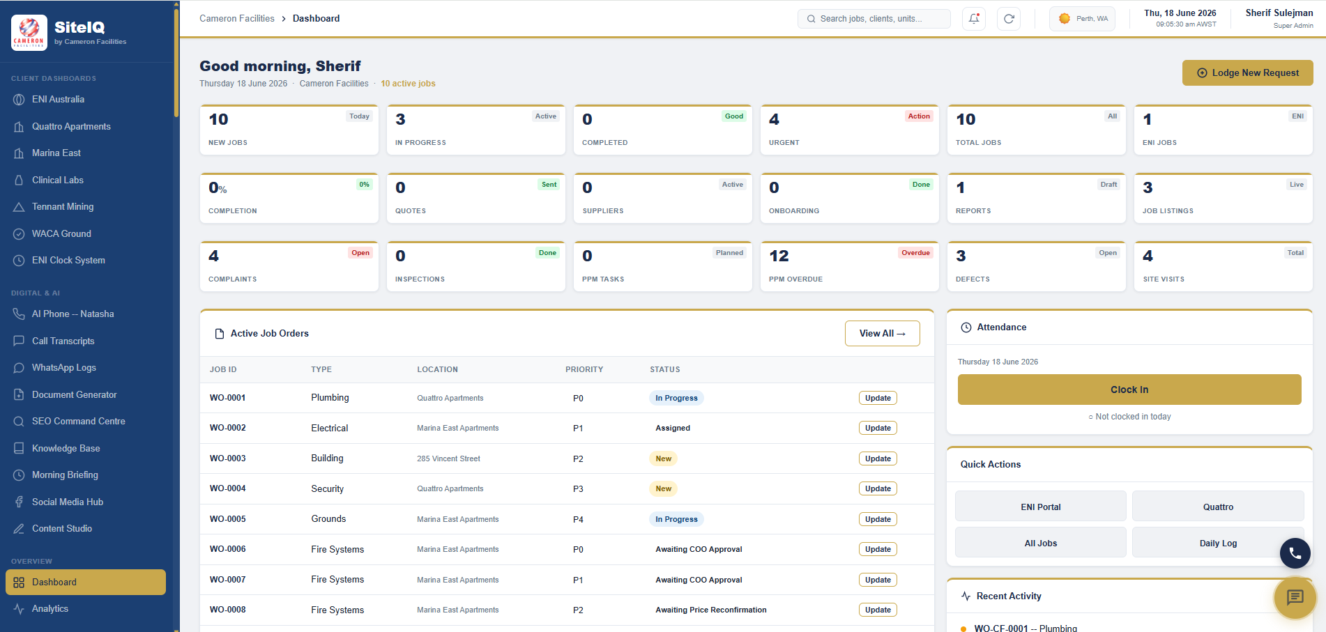 SiteIQ dashboard showing live job counters, active job orders, attendance and quick actions for Cameron Facilities