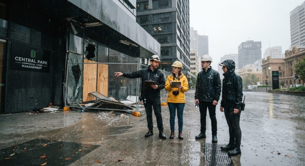 Cameron Facilities team inspecting a Perth commercial building during wet season storm damage