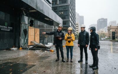 Cameron Facilities team inspecting a Perth commercial building during wet season storm damage