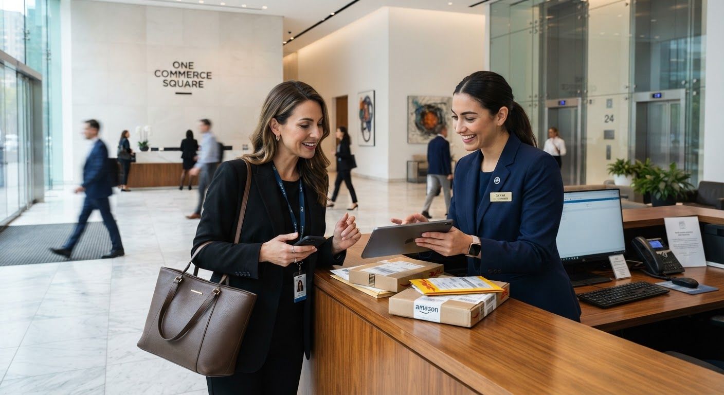 Concierge assisting a tenant with a request in a commercial building lobby