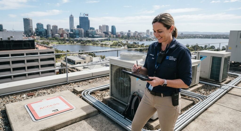 Facilities manager completing a preventative building maintenance inspection checklist in Perth