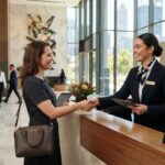 Professional concierge greeting visitor in Perth commercial office building lobby
