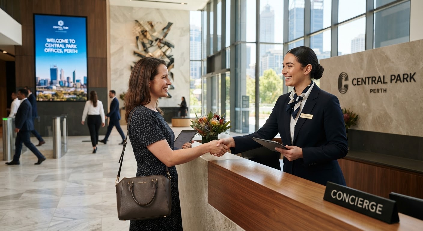 Reception staff greeting a visitor in a Perth commercial office building lobby
